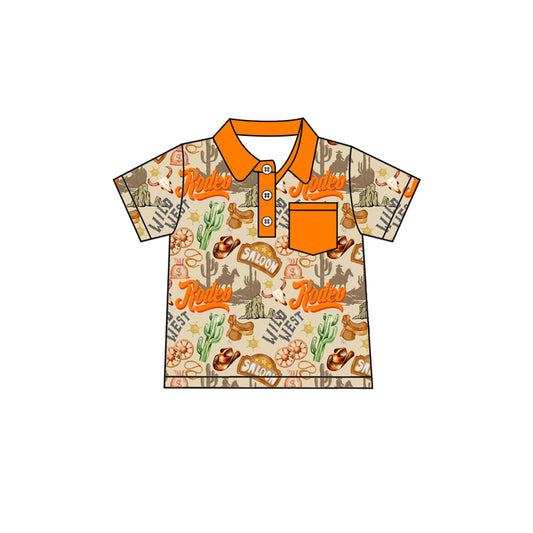 Preorder (moq 5)Baby Boys Orange Short Sleeves Button Pocket Cactus Hats Wild Western Polo Shirts Top