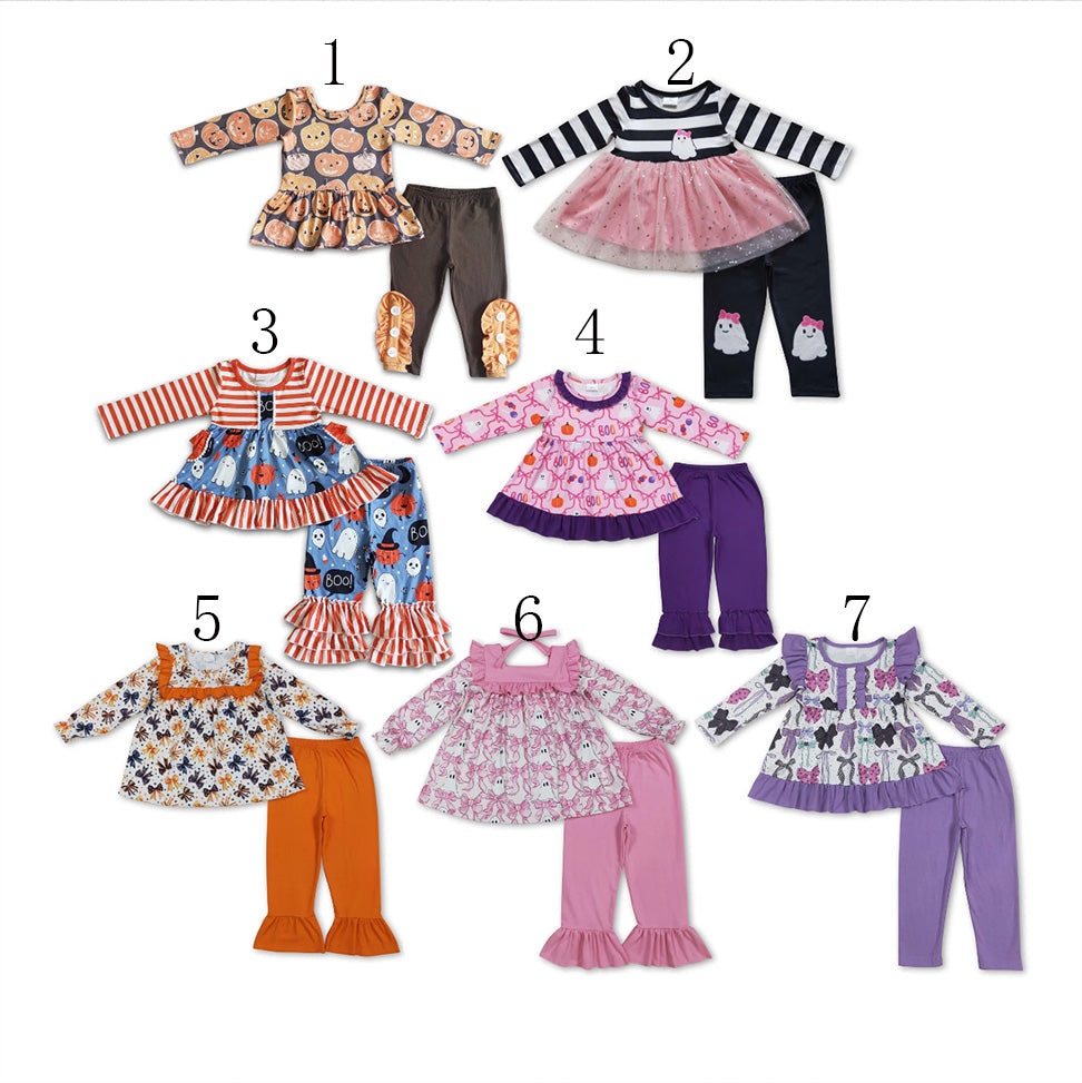 Sibling Baby Girls Long Sleeves Ghosts Bows Tunic Pants Halloween Clothes Sets