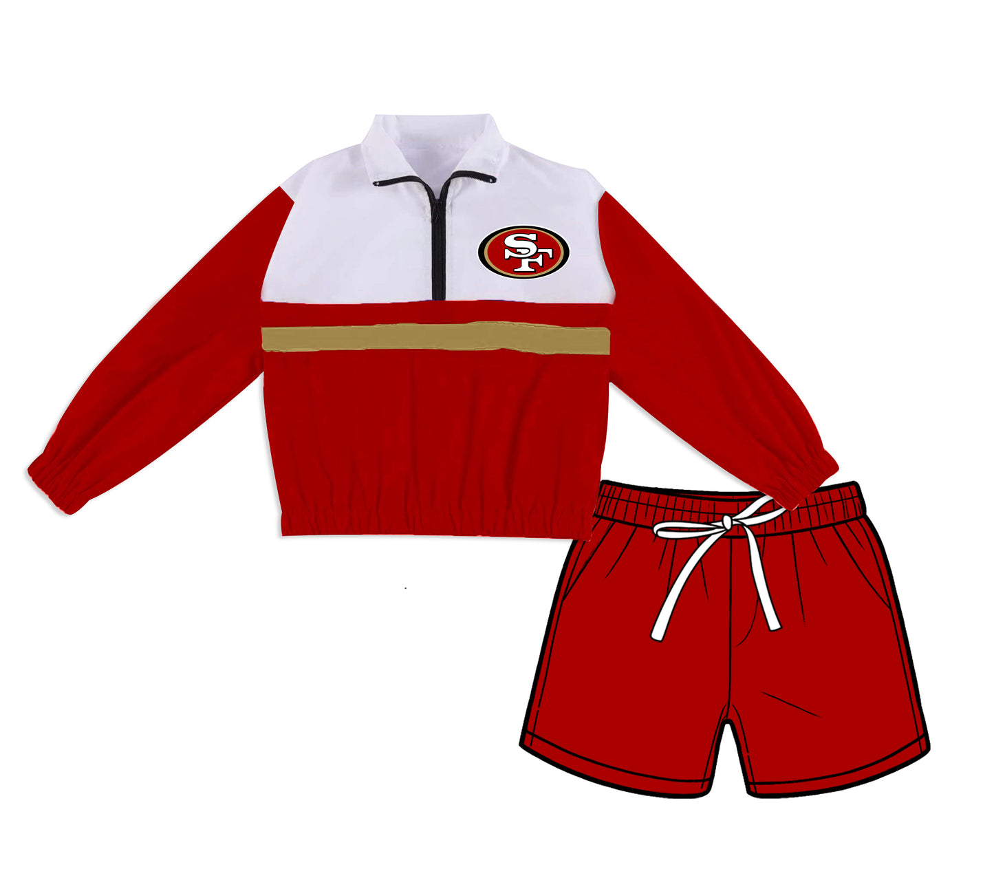 Preorder (moq 5)Baby Girls Red 49ERS Zip Pullovers Pockets Short Team Clothes Set