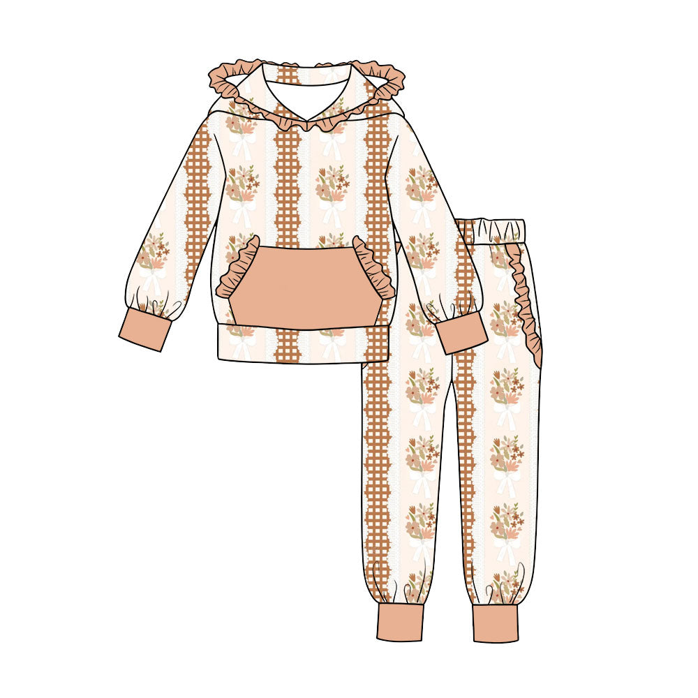 Preorder (moq 5) Baby Girls Bows Flowers Pocket Ruffle Hoodie Jogger Fall Clothes Sets