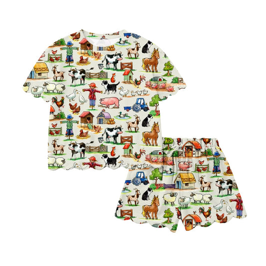 Preorder (moq 5)Baby Girls House Chicks Cows Top Scallop Short Farm Clothes Sets