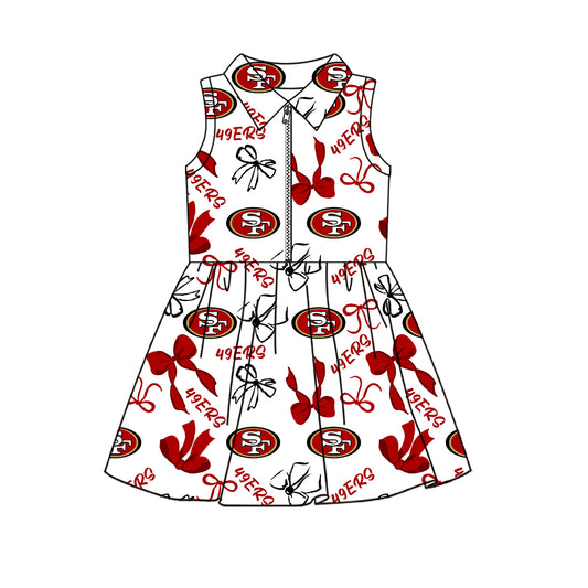 Preorder (moq 5)Baby Girls Sleeveless Bows 49ERS Team Zip Short Knee Length Dress
