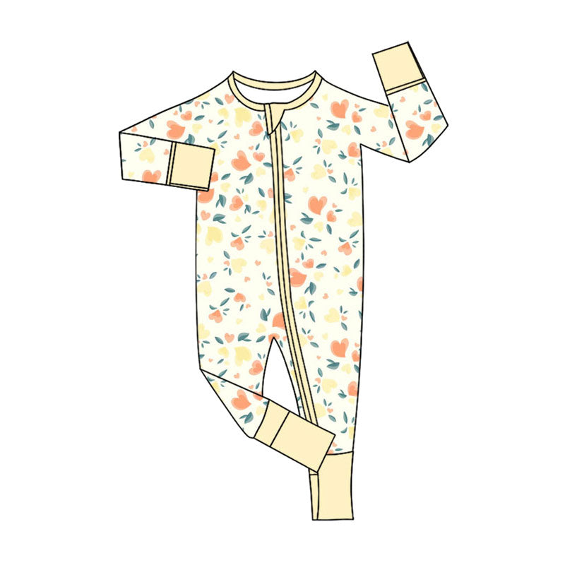 Preorder (moq 5)Baby Girls Pink Yellow Hearts Valentines Two Way Zip Convertible Rompers