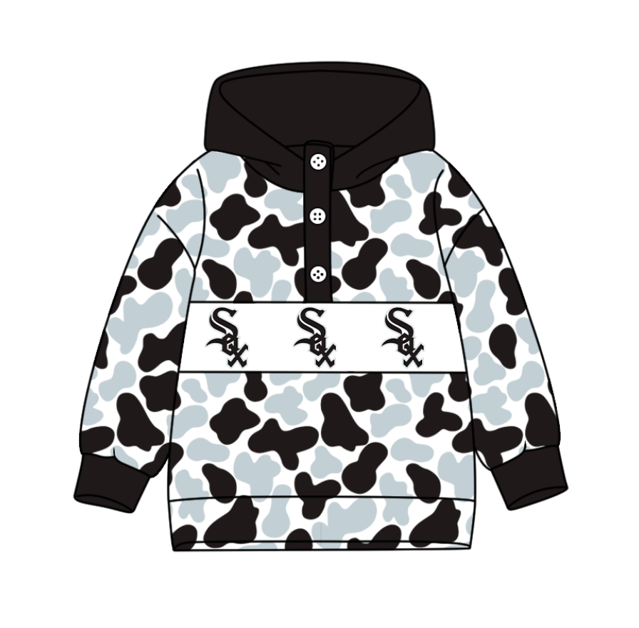 Preorder(moq 8)Baby Boys Black Grey Camo Sox Team Button Hoodies Top