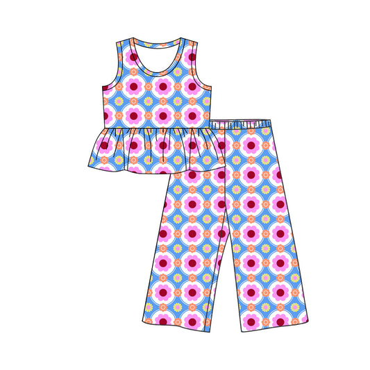 Preorder (moq 5)Baby Girls Sleeveless Colorful Flowers Tunic Flare Pants Clothes Sets