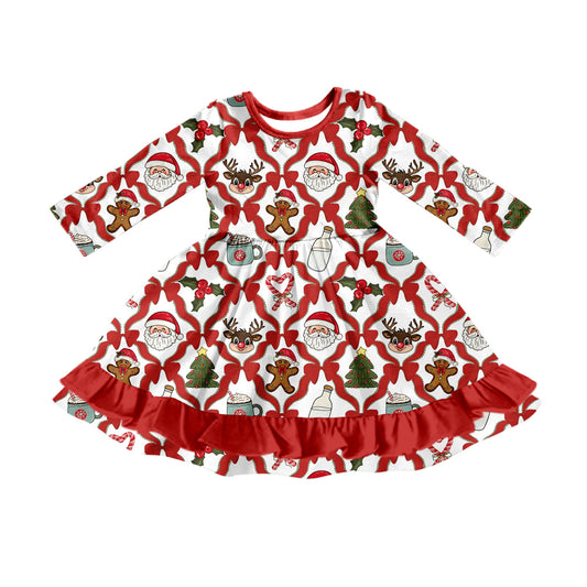 Preorder (moq 5) Baby Girls Bows Santa Holly Christmas Ruffle Knee Length Dresses