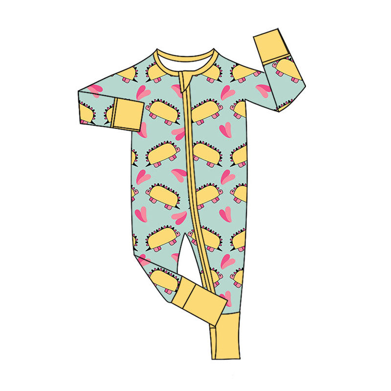 Preorder (moq 5)Baby Girls Hearts Dinosaurs Valentines Two Way Zip Convertible Rompers