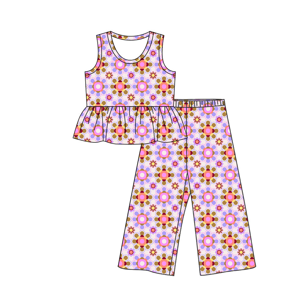 Preorder (moq 5)Baby Girls Sleeveless Colorful Flowers Tunic Flare Pants Clothes Sets