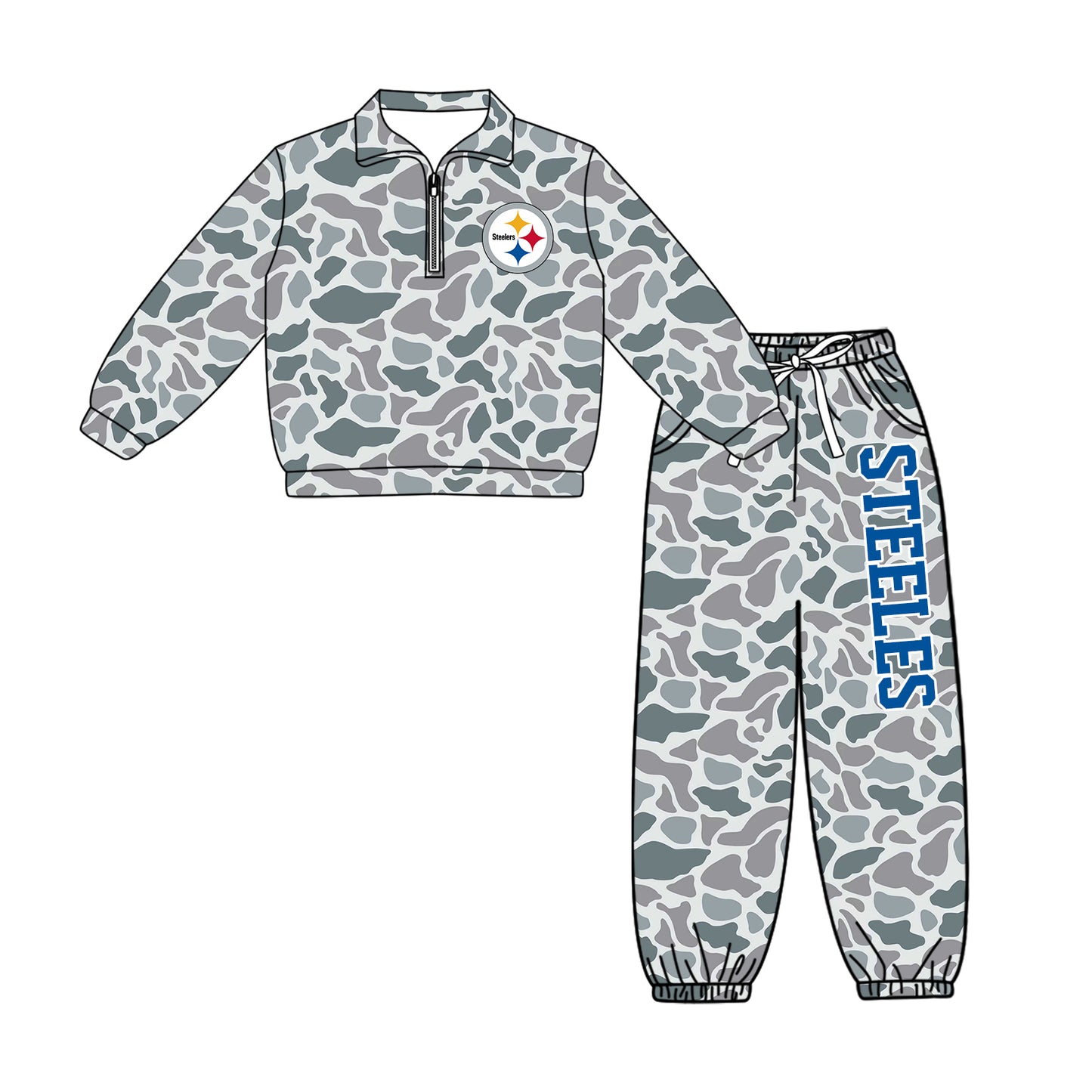 Preorder(moq 5)Baby Boys Grey Camo Steeles Zip Pullover Pockets Joggers Team Clothes Sets