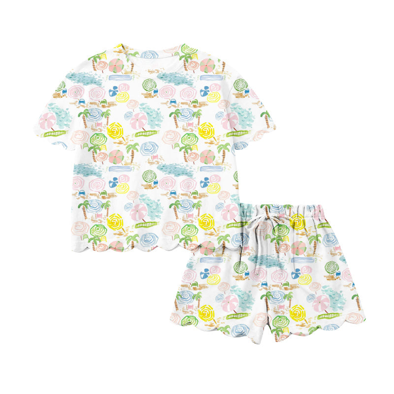 Preorder (moq 5)Baby Girls Trees Beach Top Scallop Shorts Clothes Sets