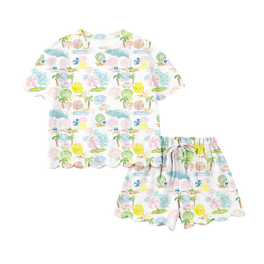 Preorder (moq 5)Baby Girls Trees Beach Top Scallop Shorts Clothes Sets