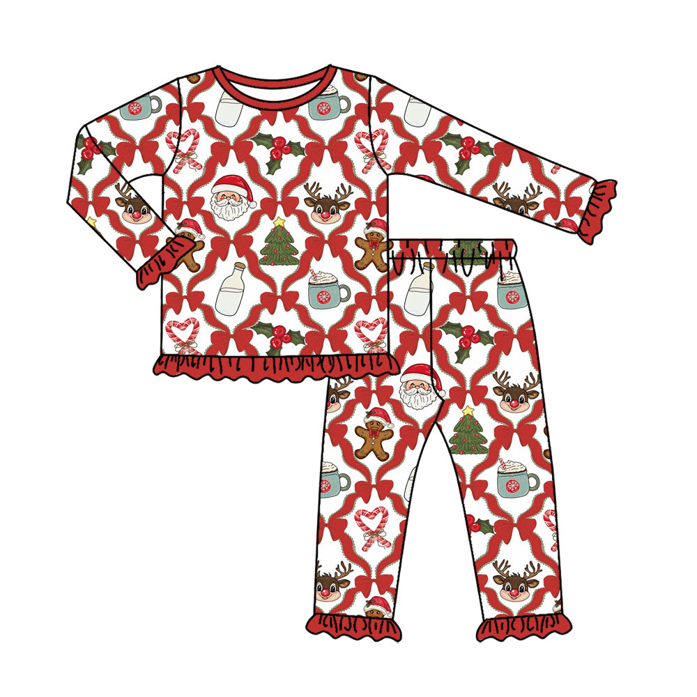 Preorder (moq 5) Baby Girls Bows Santa Holly Top Ruffle Pant Christmas Pajamas Set