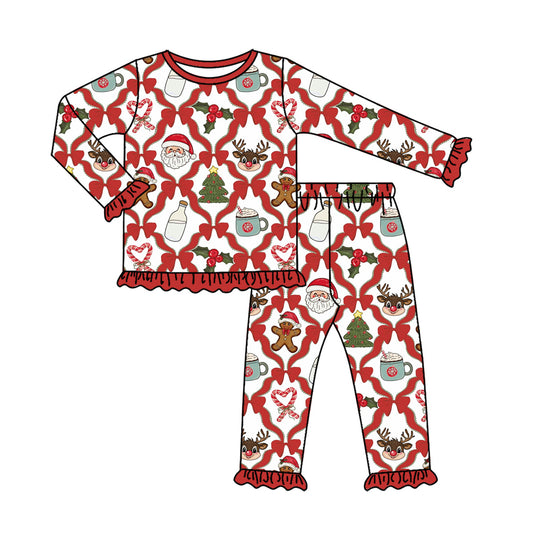 Preorder (moq 5) Baby Girls Bows Santa Holly Top Ruffle Pant Christmas Pajamas Set