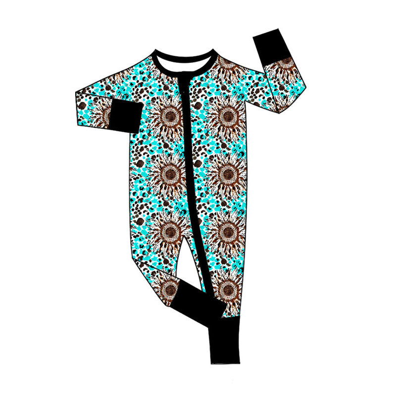 Preorder (moq 5)Baby Girls Blue Leopard Sunflowers Two Way Zip Convertible Rompers