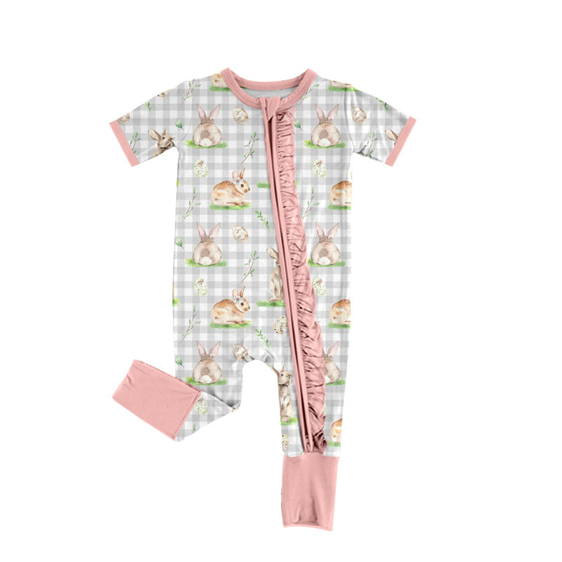 Preorder (moq 5) Baby Girl Clothes Easter Bunny Egg Gingham Mixed Print Short Sleeve Ruffle Zipper Romper