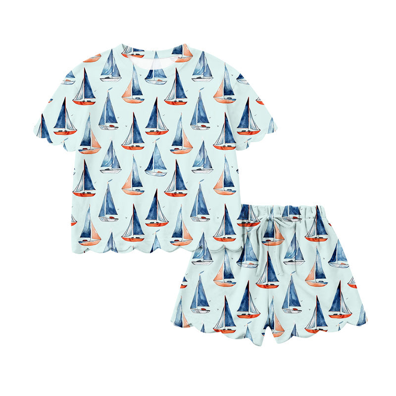 Preorder (moq 5)Baby Girls Boats Plaid Top Scallop Shorts Clothes Sets