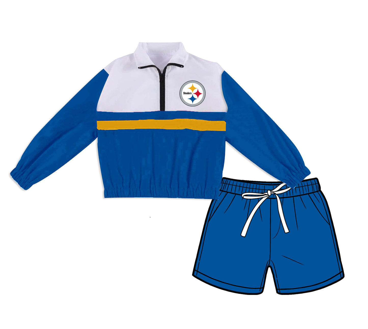 Preorder (moq 5)Baby Girls Blue Steeles Zip Pullovers Pockets Short Team Clothes Set