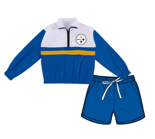 Preorder (moq 5)Baby Girls Blue Steeles Zip Pullovers Pockets Short Team Clothes Set