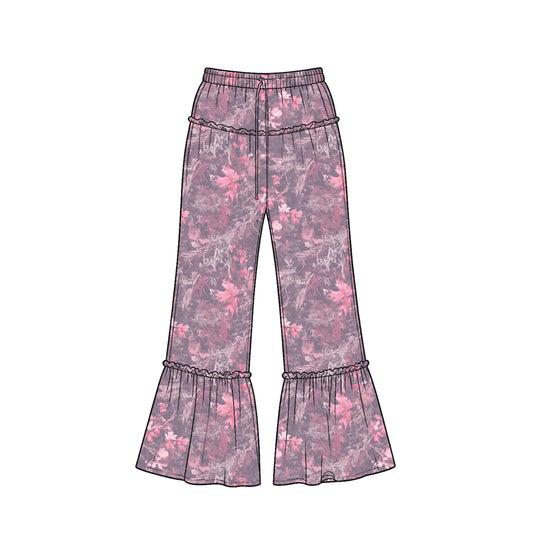 Preorder (moq 5) Baby Girl Clothes Dusty Pink Maple Camo Print Ruffle Waist Ruffle Hem Flare Pants
