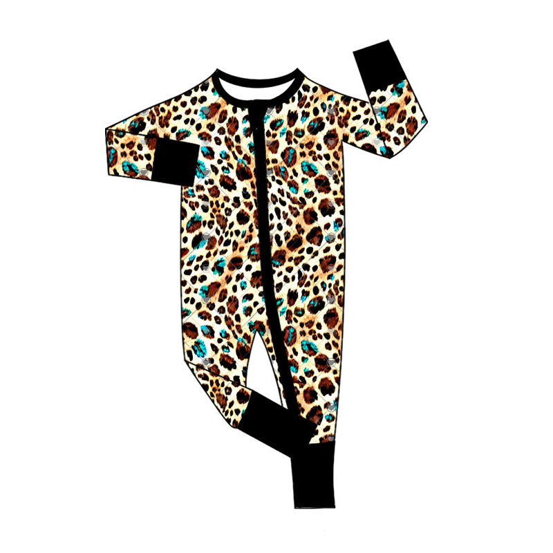 Preorder (moq 5)Baby Girls Leopard Turquoises Western Two Way Zip Convertible Rompers