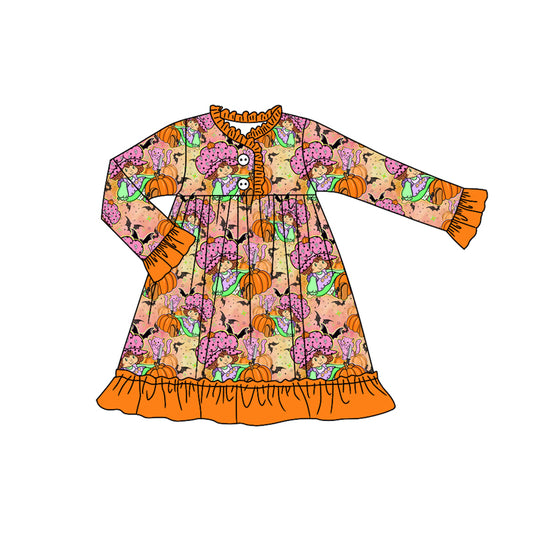 Preorder (moq 5)Baby Girls Strawberry Girl Pumpkins Orange Button Halloween Knee Length Dress