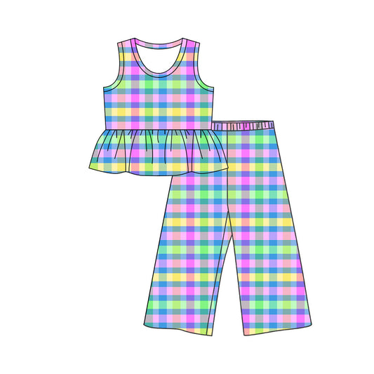 Preorder (moq 5)Baby Girls Sleeveless Colorful Checked Tunic Flare Pants Clothes Sets