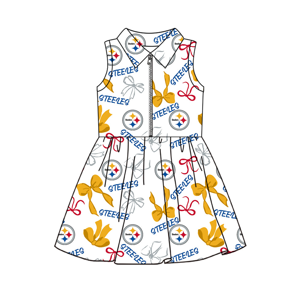 Preorder (moq 5)Baby Girls Sleeveless Bows Steeles Team Zip Short Knee Length Dress