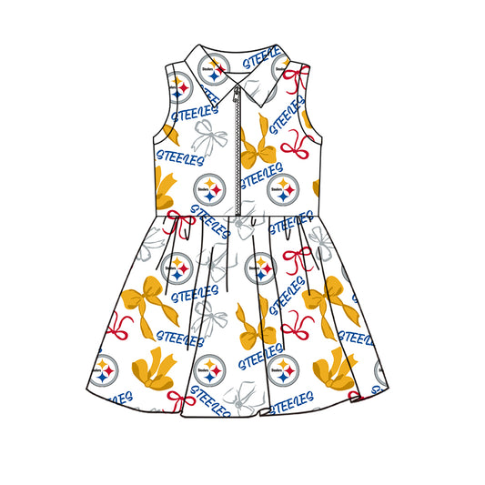 Preorder (moq 5)Baby Girls Sleeveless Bows Steeles Team Zip Short Knee Length Dress