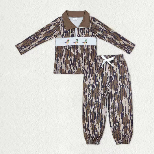 Baby Boys Olive Camo Embroidery Ducks Zip Pullover Pockets Joggers Hunting Clothes Sets