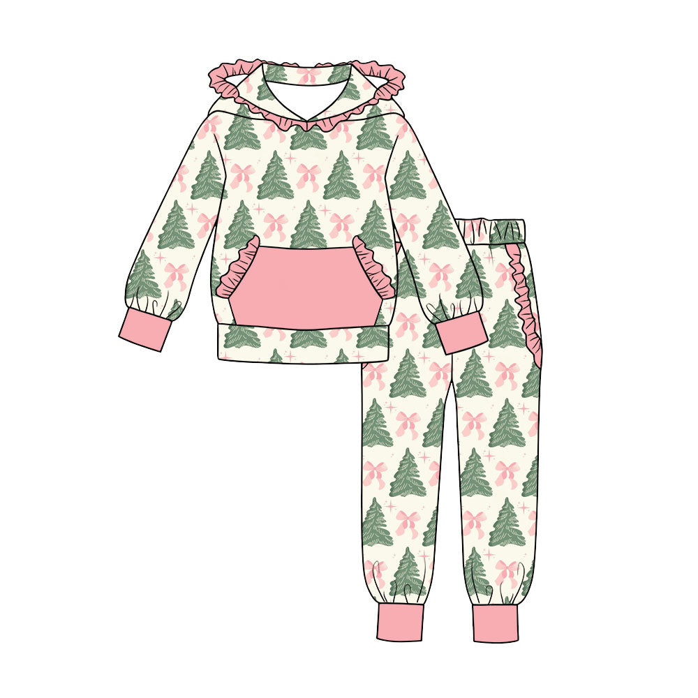 Preorder (moq 5) Baby Girls Bows Trees Pocket Ruffle Hoodie Jogger Christmas Clothes Sets
