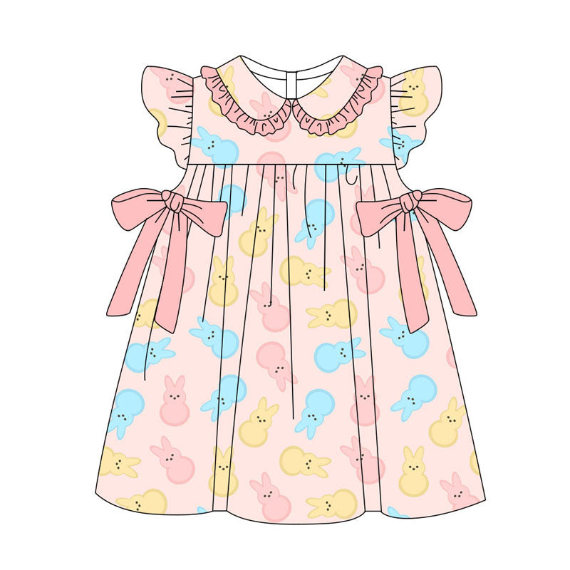 Preorder(moq 5) Baby Girls Flutter Sleeve Colorful Rabbits Bows Easter Knee Length Dresses