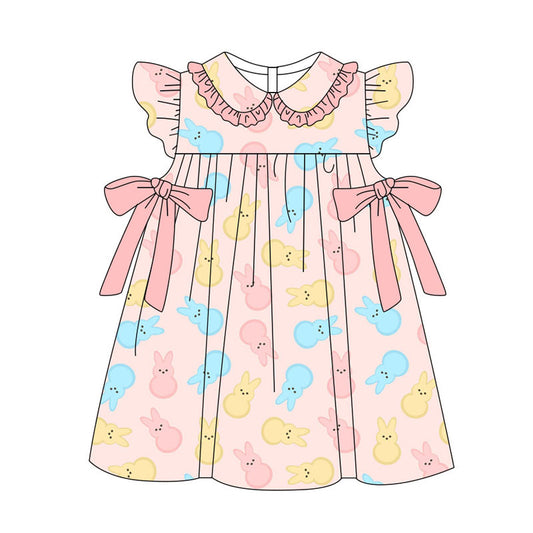 Preorder(moq 5) Baby Girls Flutter Sleeve Colorful Rabbits Bows Easter Knee Length Dresses