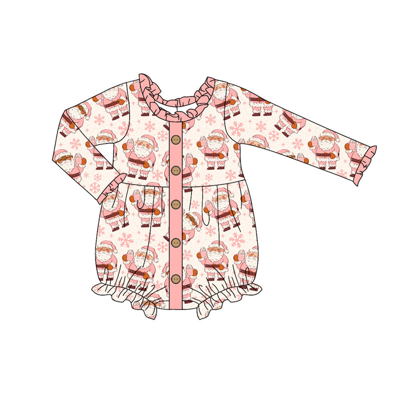 Preorder (moq 5)Baby Girls Long Ruffle Sleeves Pink Santa Snowflake Button Rompers