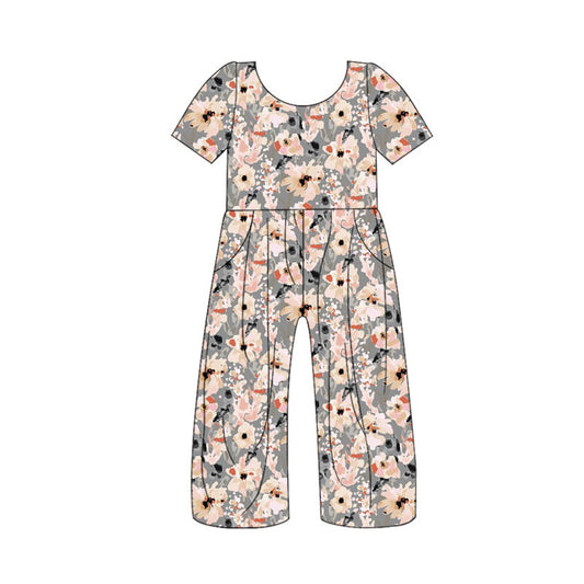 Preorder (moq 5)Baby Girls Short Sleeve Colorful Flowers Pockets Pants Jumpsuits