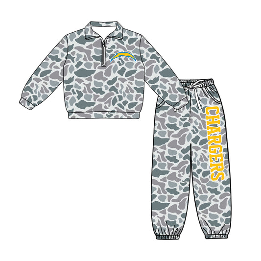 Preorder(moq 5)Baby Boys Grey Camo Chargers Zip Pullover Pockets Joggers Team Clothes Sets
