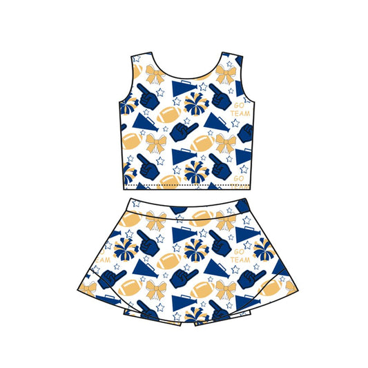 Preorder(moq 8)Baby Girls Gold Blue Bows Footballs Vest Top Shirt Shorts Team Clothes Sets