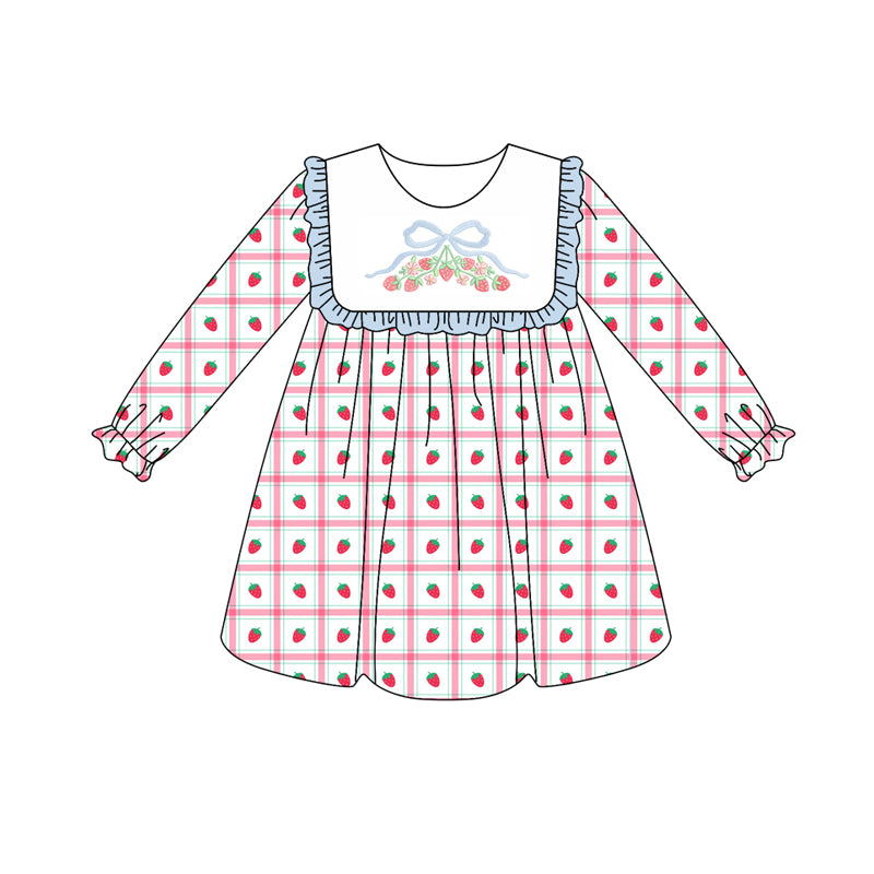 Preorder (moq 5)Baby Girls Long Ruffle Sleeves Strawberry Plaid Knee Length Dresses
