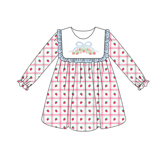 Preorder (moq 5)Baby Girls Long Ruffle Sleeves Strawberry Plaid Knee Length Dresses