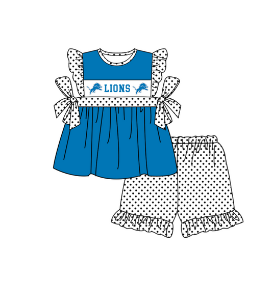Preorder (moq 5)Baby Girls Flutter Sleeve Lions Tunic Polka Dots Ruffle Shorts Team Clothes Sets