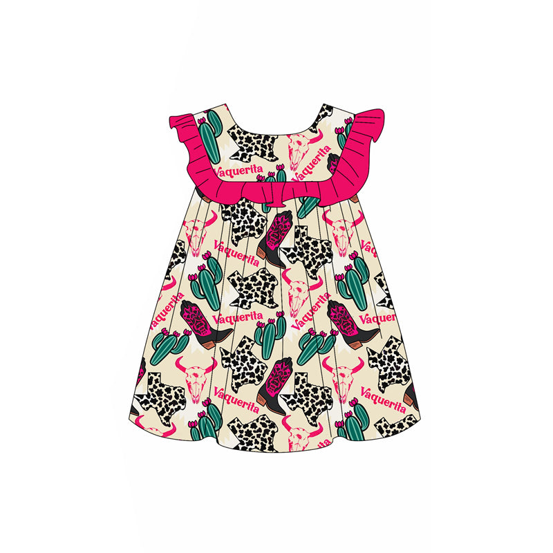 Preorder (moq 5)Baby Girls Pink Sleeveless Boots Cactus Knee Length Dress