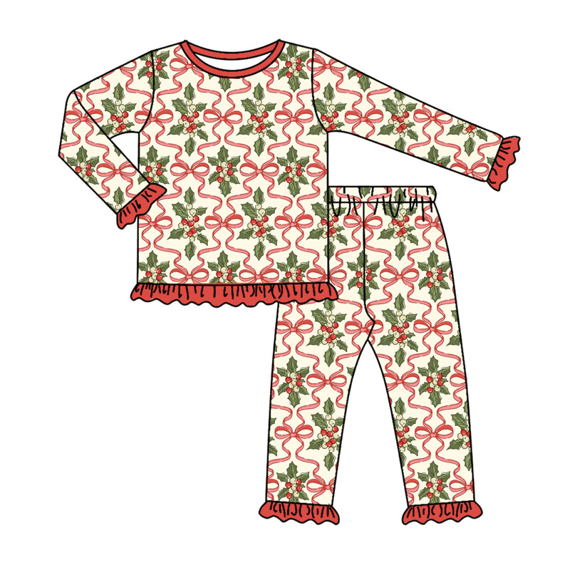 Preorder(moq 5) Baby Girls Long Ruffle Sleeves Red Bows Holly Plaid Top Pants Pajamas Set