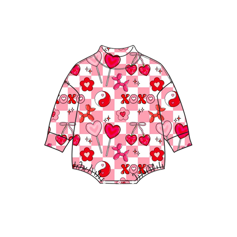 Preorder (moq 5) Baby Girl Clothes Valentine Heart Lollipop Strawberry Checkered Yin Yang Print Long Sleeve Bubble Romper