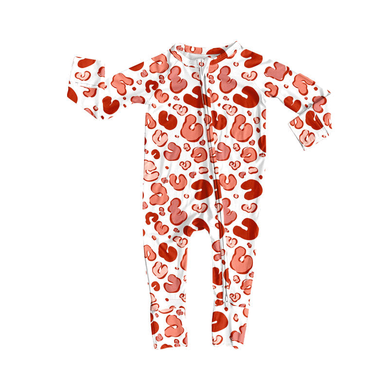 Preorder (moq 8)Baby Girls Pink Hearts Leopard Valentine Zipper Footie Rompers