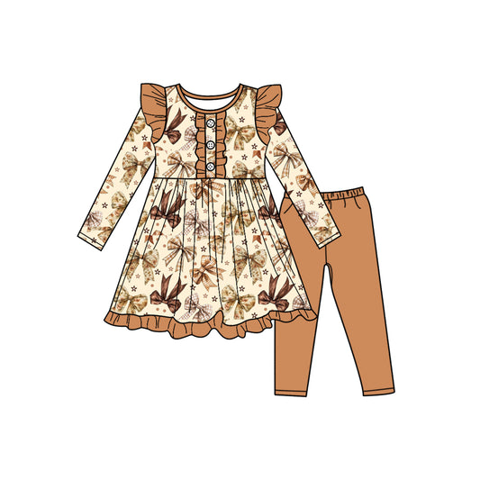 Preorder (moq 5)Baby Girls Long Sleeves Khaki Bows Plaid Button Tunic Leggings Pants Set