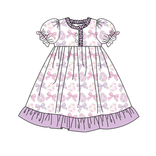 Preorder(moq 8)Baby Girls Bows Flowers Eggs Easter Button Ruffle Knee Length Dresses