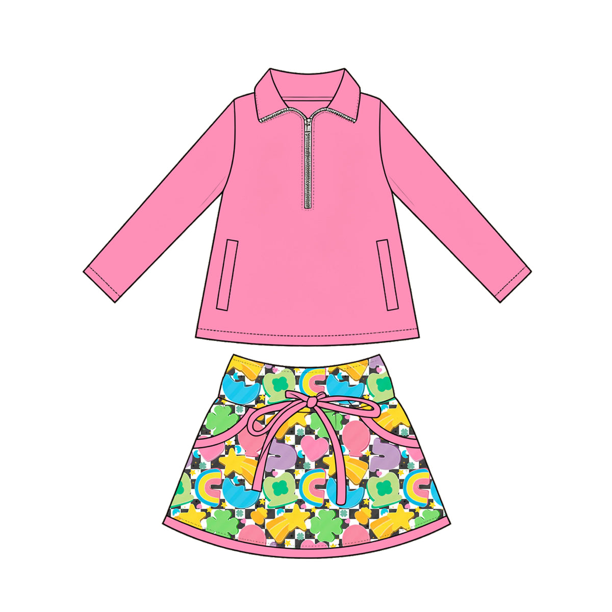 Preorder (moq 5) Baby Girl Clothes St Patrick Clover Star Rainbow Checker Print Pink Long Sleeve Half Zip Top Bow Skirt Set