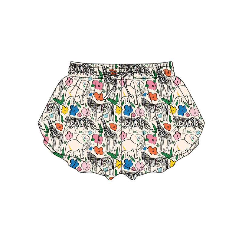 Preorder moq 5 Adult Women Colorful Flowers Animals Ruffle Shorts Bottom