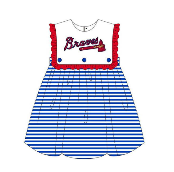 Preorder moq 5 Baby Girls Blue Stripe Atlanta Braves Team Ruffle Knee Length Dresses