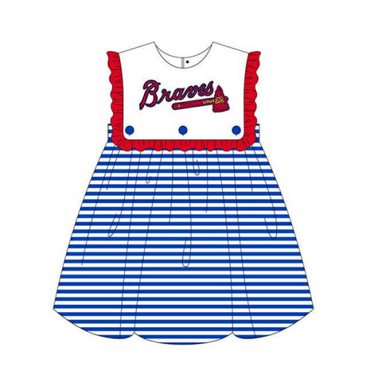 Preorder moq 5 Baby Girls Blue Stripe Atlanta Braves Team Ruffle Knee Length Dresses