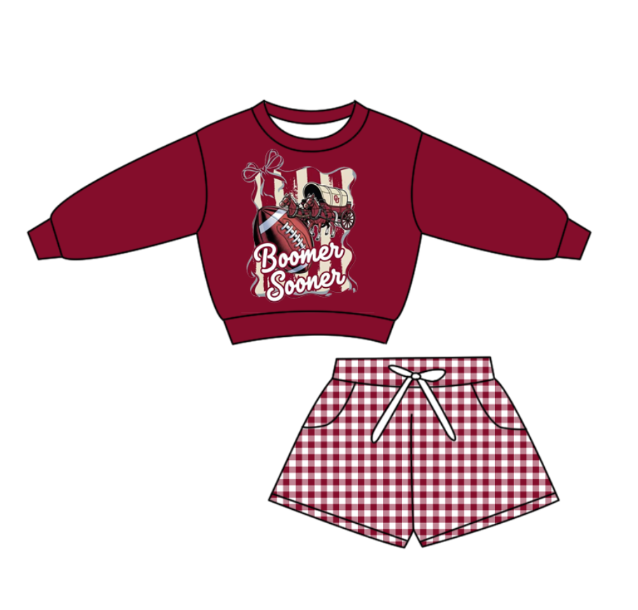 Preorder(moq 5) Baby Boys Boomer Sooner Footballs Red Checked Pockets Shorts Team Clothes Sets
